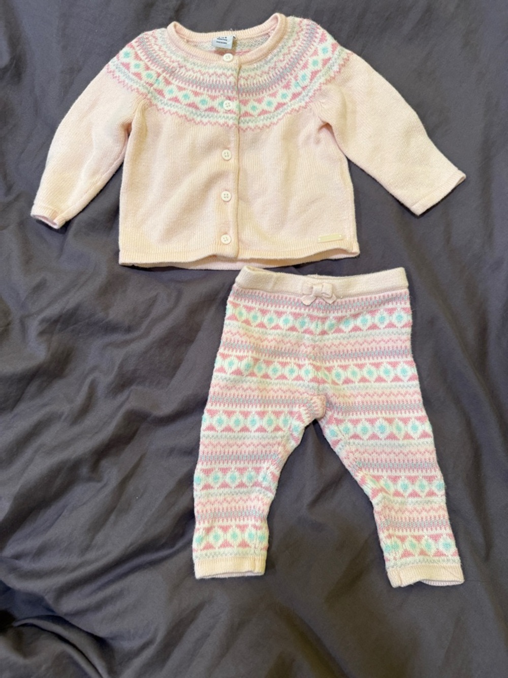 Janie and Jack Pink Cream Knit Cardigan and Patterned Leggings Set
